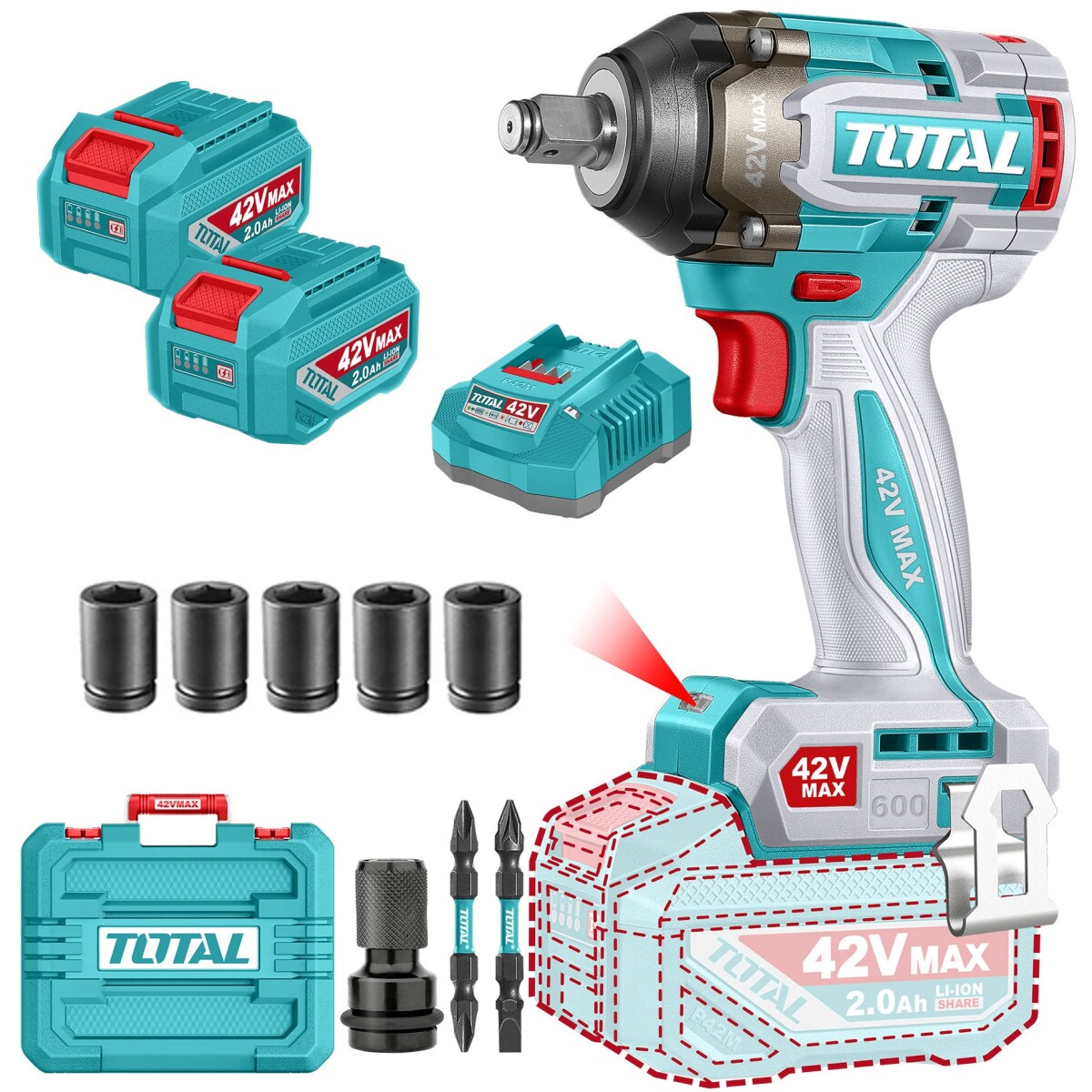 Llave De Impacto Inalámbrica 42v 1/2" 600Nm - 2 Baterías 2.0Ah, Cargador Y Maletín - Sin Carbones 