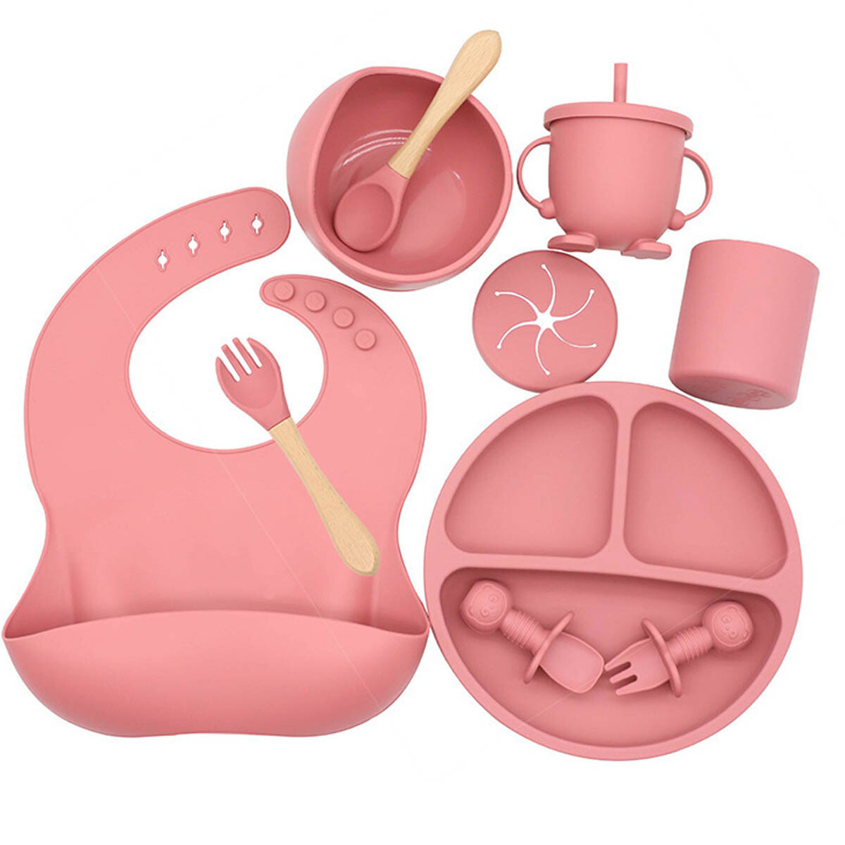 Set X10p Plato Comer Bebe Silicona+ Cubierto Vaso - Rosa 