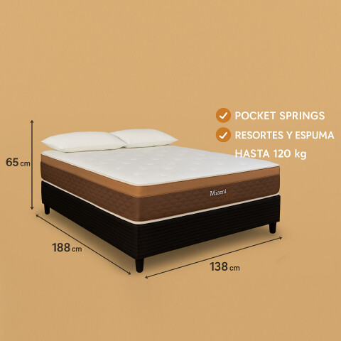 Sommier 2 Plazas Box y Colchón Miami Espuma y Resortes Pocket 138 x 188 x 65 cm - 120 Kg Sommier 2 Plazas Box y Colchón Miami Espuma y Resortes Pocket 138 x 188 x 65 cm - 120 Kg