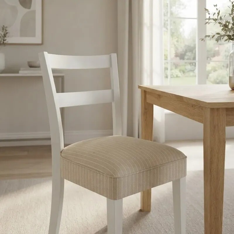 Silla laca blanca tapizada tela beige - PRODUCTO CON DETALLES Silla laca blanca tapizada tela beige - PRODUCTO CON DETALLES
