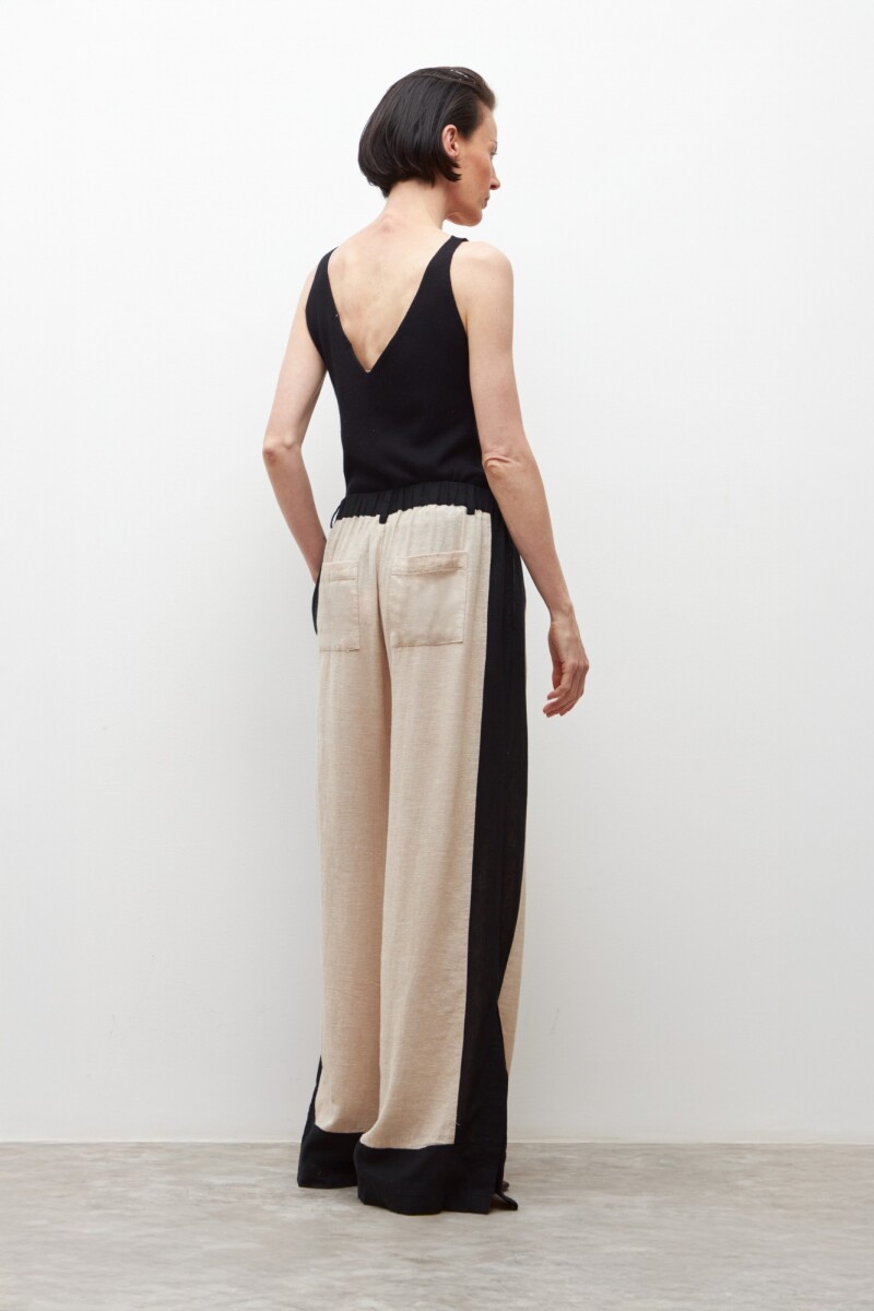Pantalón ancho de lino bicolor con tajos negro