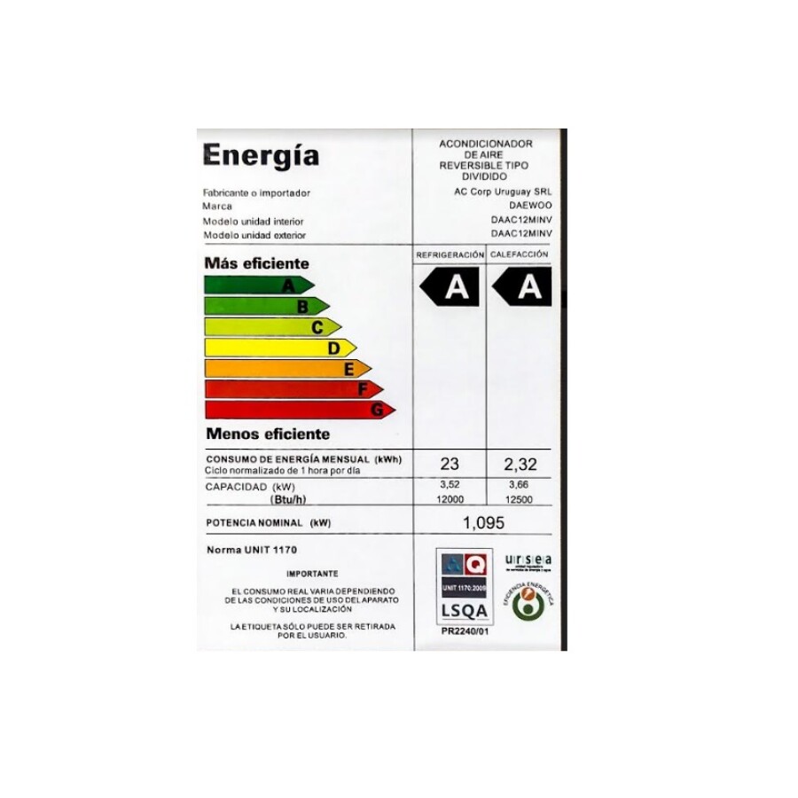 Aire Acondicionado 12.000 BTU Inverter Daewoo DAAC12MINV Aire Acondicionado 12.000 BTU Inverter Daewoo DAAC12MINV