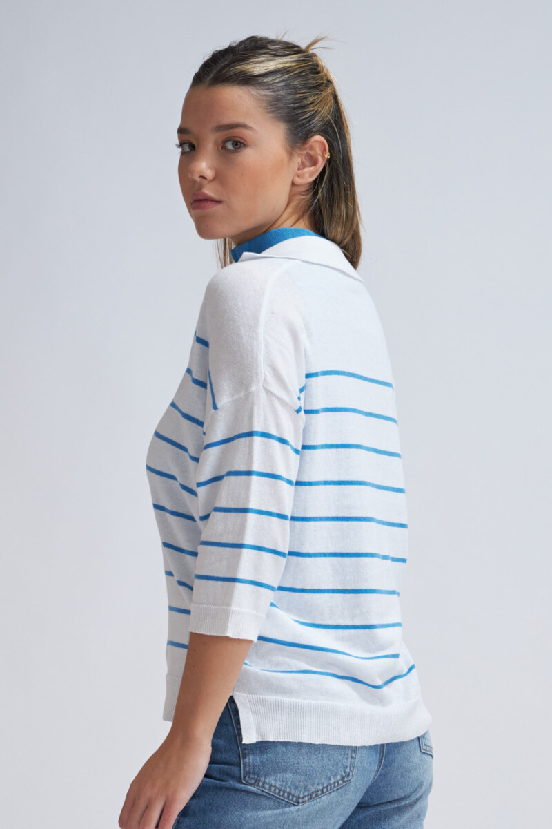 Sweater tejido cuello polo Blanco Con Turquesa