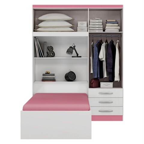 Ropero Lisboa 4 Puertas 3 Cajones con Cama Individual y Baúl - Blanco Rosa Ropero Lisboa 4 Puertas 3 Cajones con Cama Individual y Baúl - Blanco Rosa