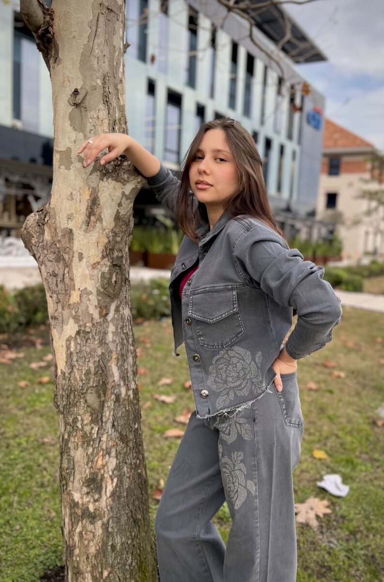 Chaqueta jean rosas - Gris 