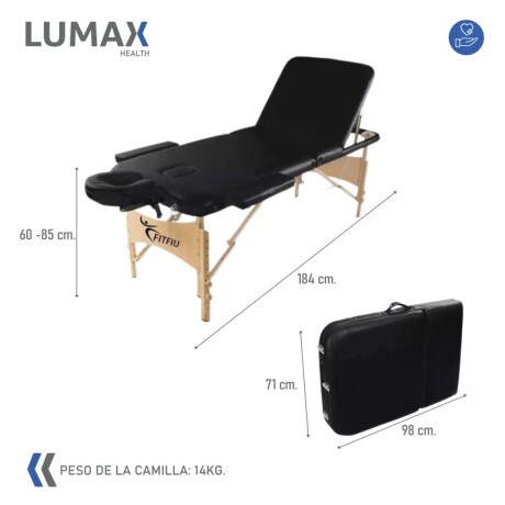 Camilla Portátil 3 Cuerpos Profesional Lumax de Madera 185x60cm Negro