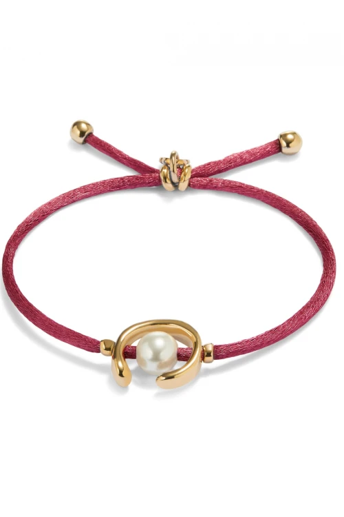 PULSERA DE HILO MALVA CON PERLA SHELL FORNITURA BAÑADA EN ORO 18K. Pulsera