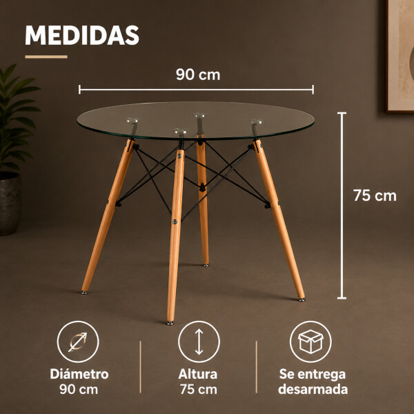 Mesa Comedor ComboHome Eames Redonda Vidrio 90 Cm Premium Transparente