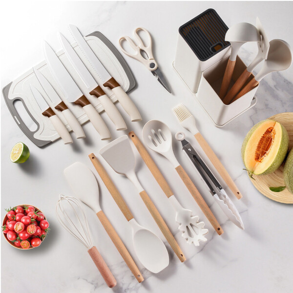 Set de 19 Utensilios para Cocina Silicona Antiadherente IMBACK Beige Set de 19 Utensilios para Cocina Silicona Antiadherente IMBACK Beige