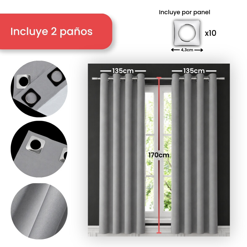 Set x2 paños cortina blackout 1,35m x 1,70m GRIS