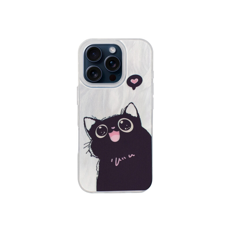 Protector para iPhone 15 Pro plateado diseño gato animado Protector Para Iphone 15 Pro Plateado Diseño Gato Animado
