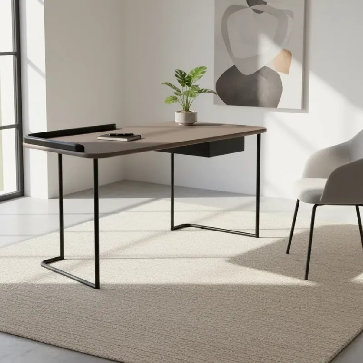 ESCRITORIO 1 CAJON TAPA MADERA CHOCOLATE SUAVE PATAS EN HIERRO LAQUEADAS EN NEGRO 