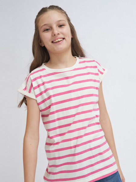 Camiseta manga corta rayada Fucsia