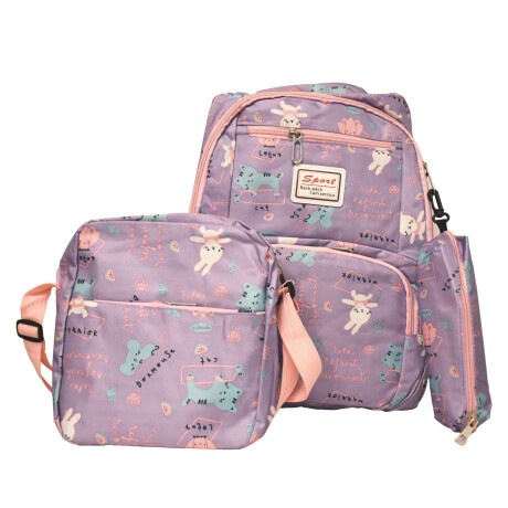 Set Mochila 3 Piezas Diseño Animalitos Escolar Resistente Lila