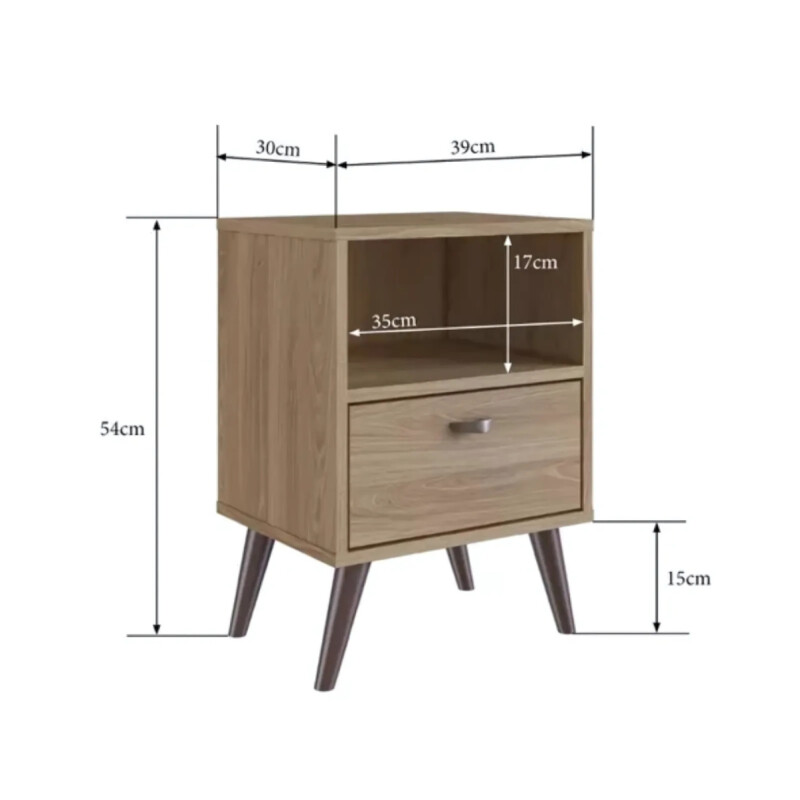 Mesa De Luz Nordica Retro Dormitorio 1 Estantes 1 Cajon Pro Marrón