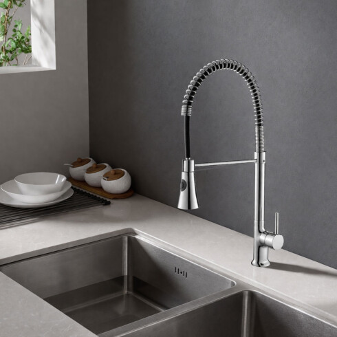 GRIFERIA COCINA CON FLEXIBLE MONOCOMANDO MESADA CROMO SERIE DELFT GAMAS DE MADERA