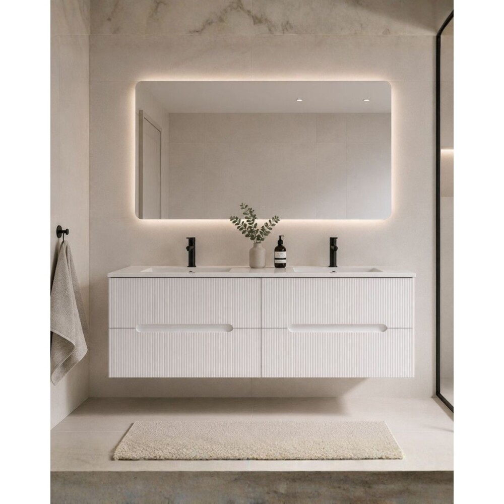 Mueble De Baño Suspendido Blanco Ripado 120 Cm Con doble Bacha Mueble De Baño Suspendido Blanco Ripado 120 Cm Con Doble Bacha