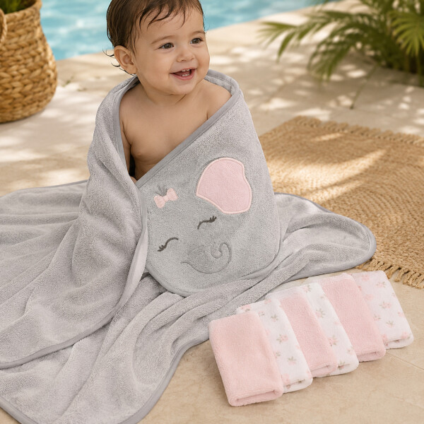 Set Toalla Con Capucha Bebé Ballena + 6 Toallitas Algodón Color Rosa