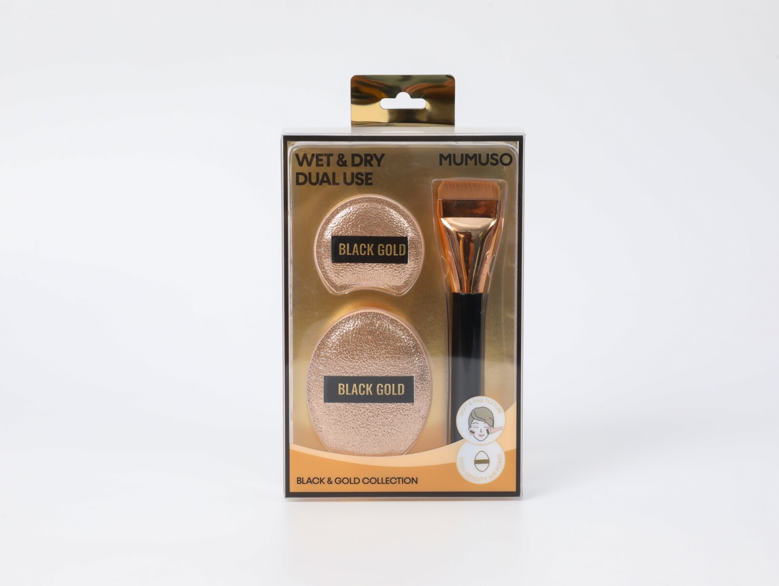 SET DE BROCHAS PLANAS PARA BASE DE MAQUILLAJE Y BORLAS DE TERCIOPELO GOLDEN COLL 