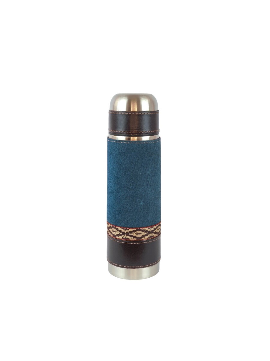 Termo de acero forrado en cuero - Azul 