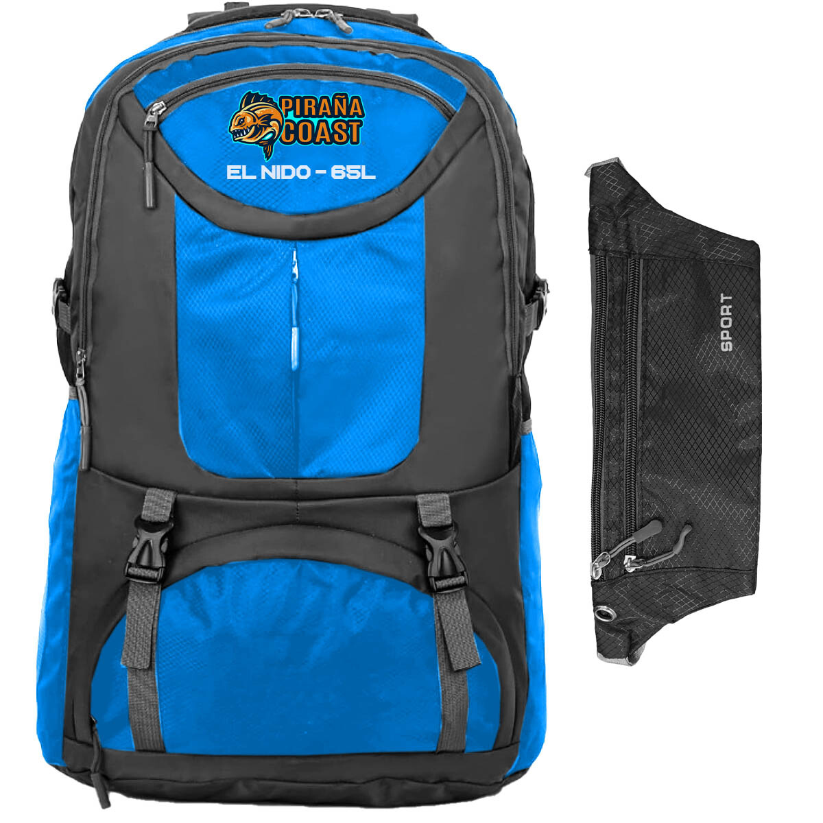 Mochila Camping El Nido 65 L + Riñonera Trekking - Azul 