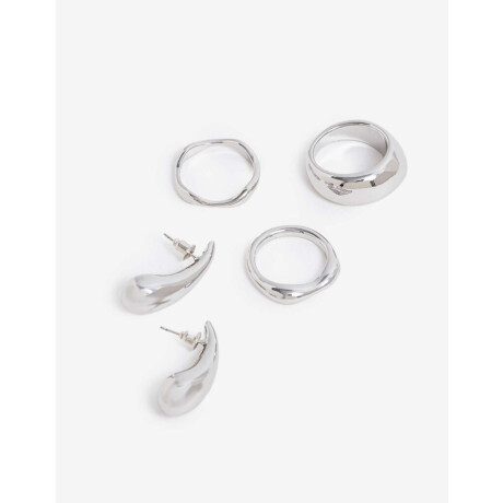 Set De Aros Y Anillos Metal Plateado Rodio