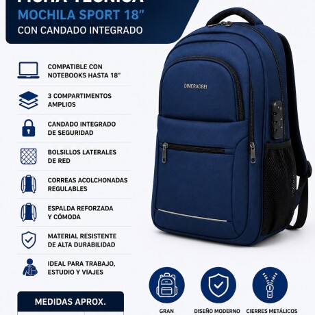 Mochila Sport 18" Para Notebook Candado Integrado Reforzada Azul