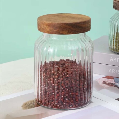 Frasco Recipiente de Vidrio Labrado 1200Ml Tapa Rosca Madera Transparente