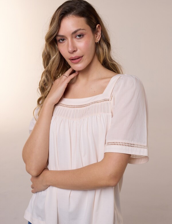 Blusa Holgada Escote Cuadrado Con Puntilla Calada BEIGE CLARO
