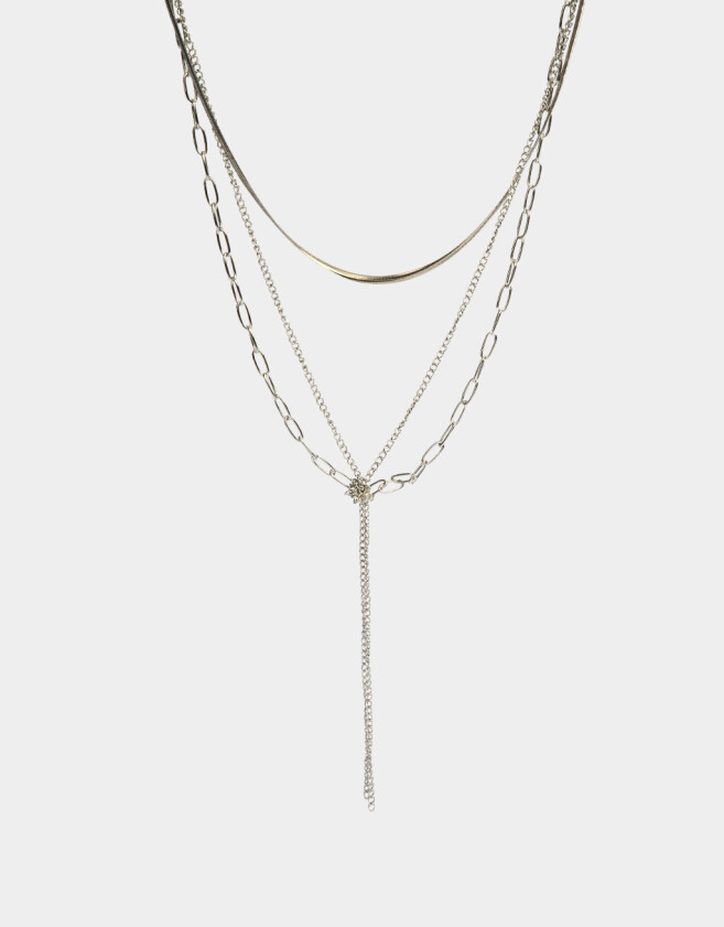 Collares Cortos Multi Cadenas Collar Layer Con Nudo - Plateado