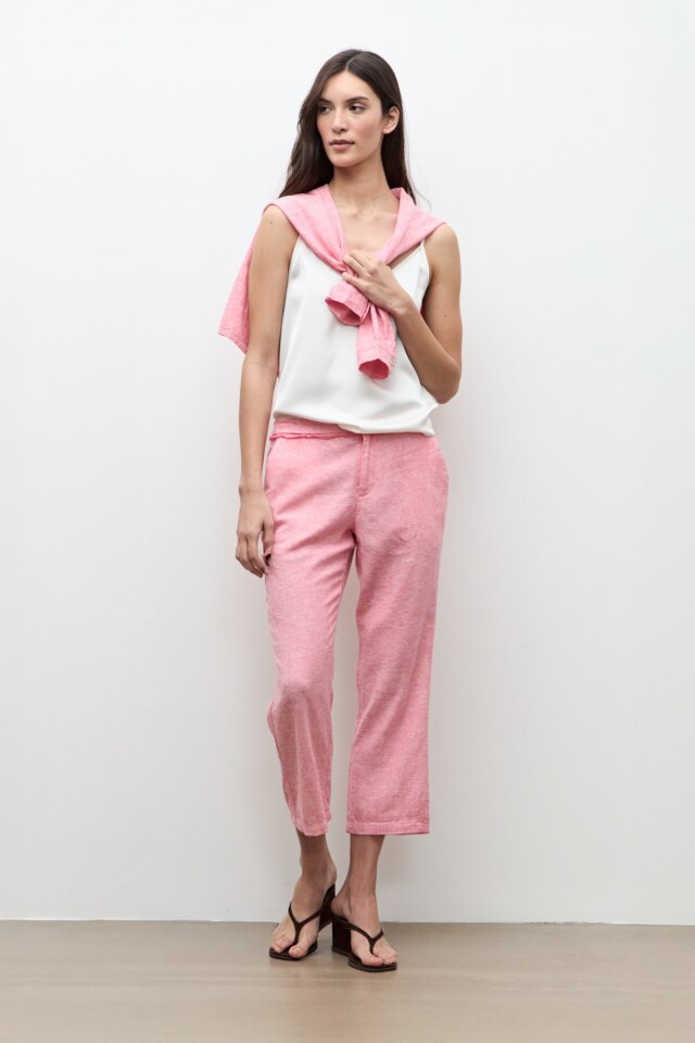 Pantalon capri lino detalle desflecado rosado melange