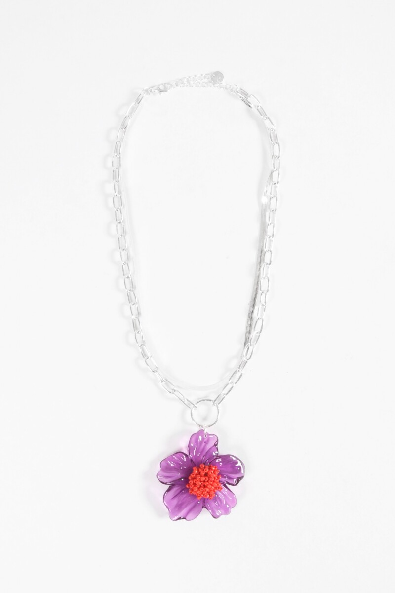 Collar doble cadena dije flor mostacilla plateado
