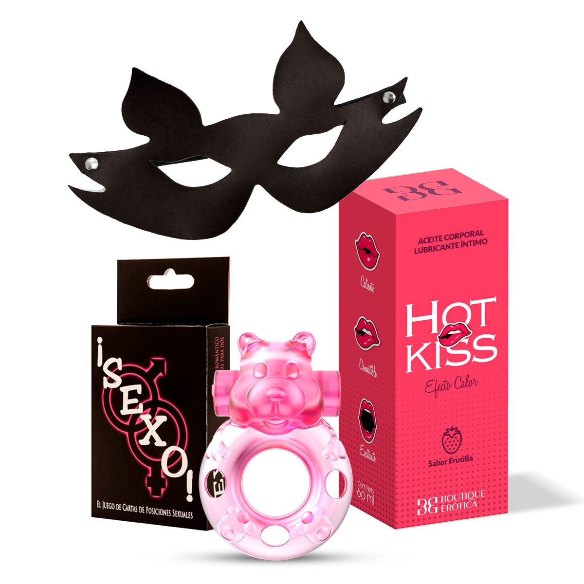 Kit Antifaz + Anillo Vibrador + Cartas + Hot Kiss 