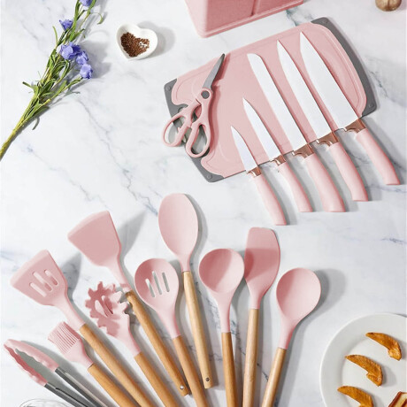 Set X19 Utensilios El Chingón Silicona Antiadherente Rosa