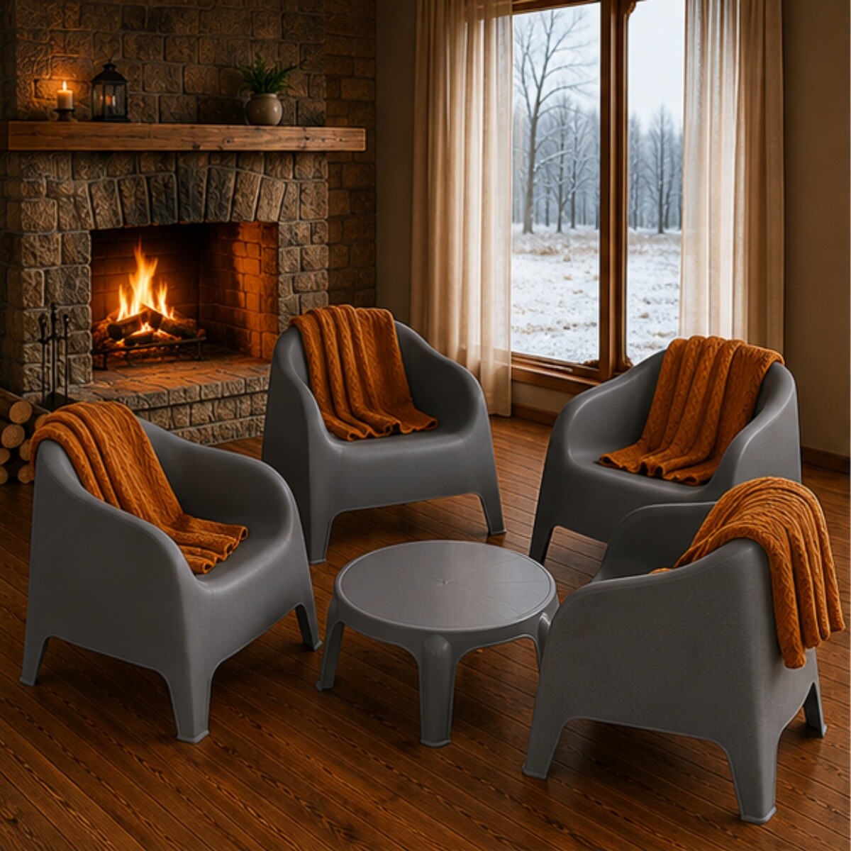 4 Sillones Skarpo + Mesa redonda Puket - GRIS 