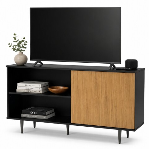 Mueble Rack de Tv PADUA de Piso con Puerta y Estantes 136 cm de Ancho - Negro / Freijo Mueble Rack de Tv PADUA de Piso con Puerta y Estantes 136 cm de Ancho - Negro / Freijo