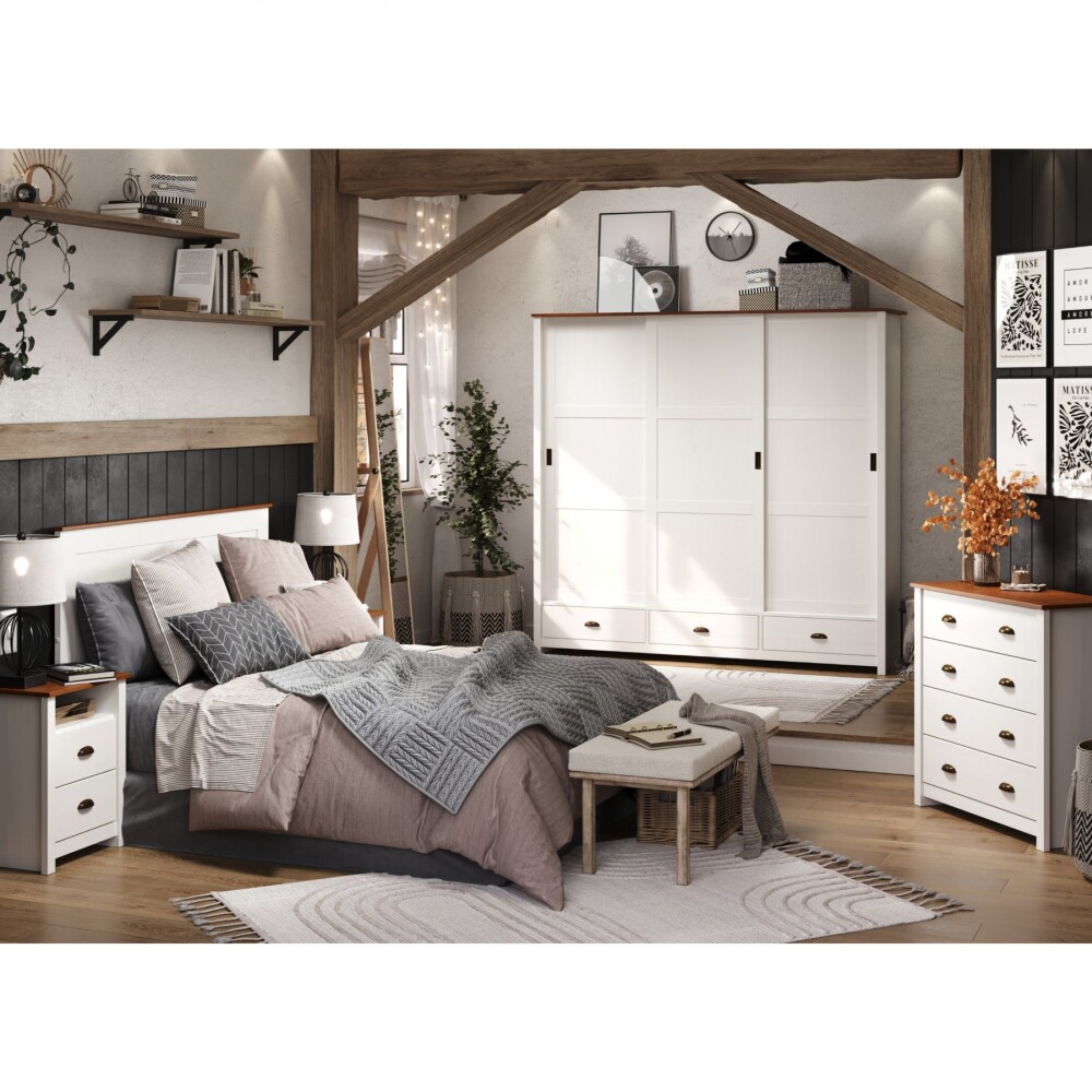 Ropero 3 puertas corredizas 3 cajones - Madera maciza Blanco