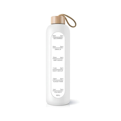 Botella de vidrio con funda de silicona y tapa de bambú con frases motivacionales Blanco