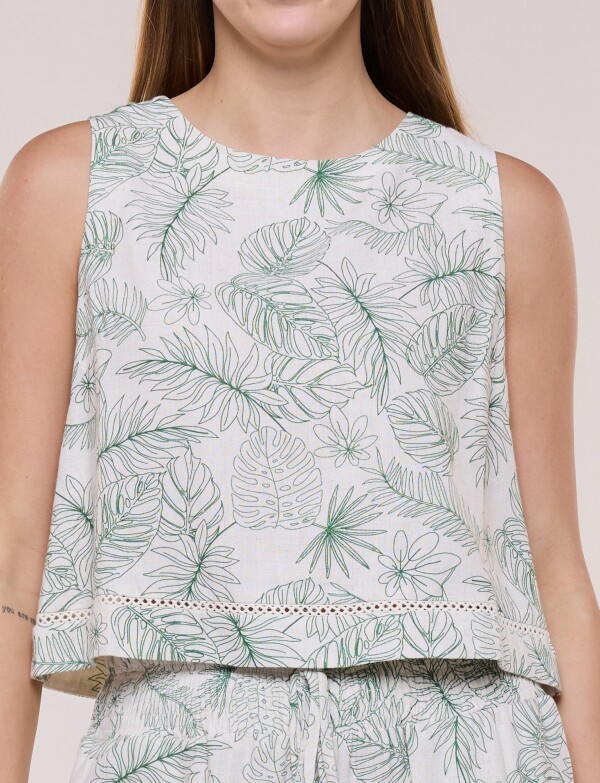 Blusa Crop Estampada Con Puntilla En Ruedo MULTI/VERDE
