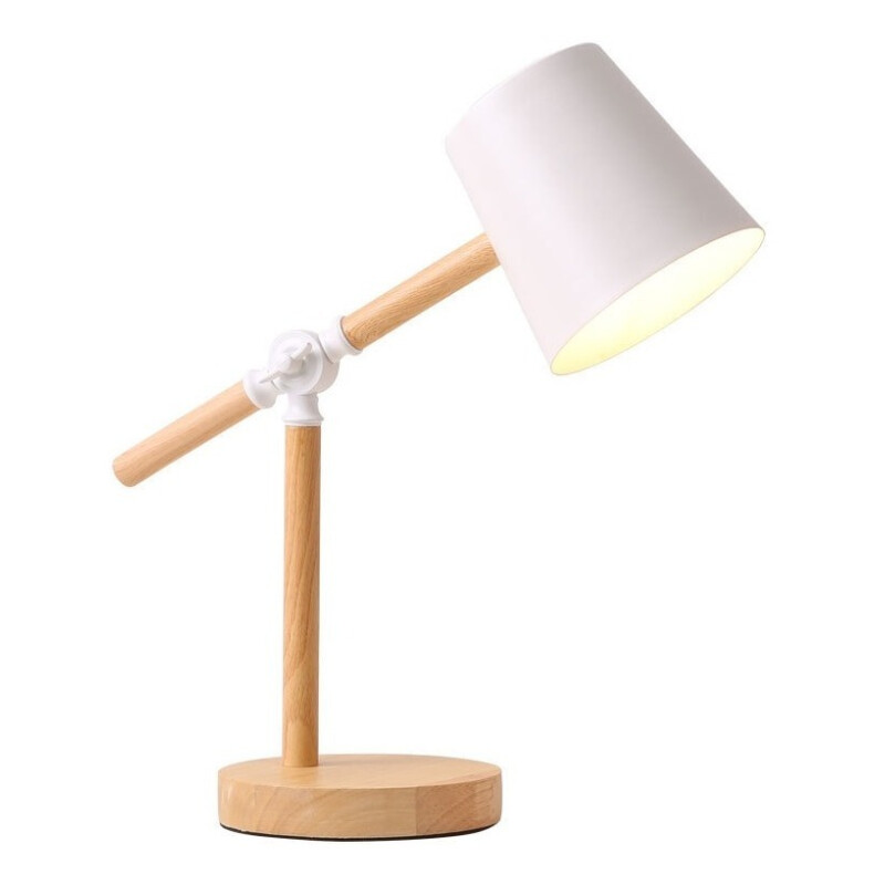 Lampara Escritorio Portátil Nórdica Metal Madera Ajustable Blanco