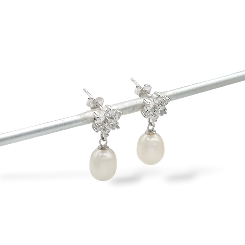 Caravanas Flor Perlas-Plata 925-Con Perla y Zirconia-CA3203 conperla