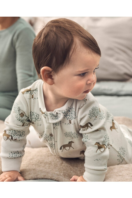 Pijama uno pieza de algodón orgánico, con pie, diseño caballos Sin color