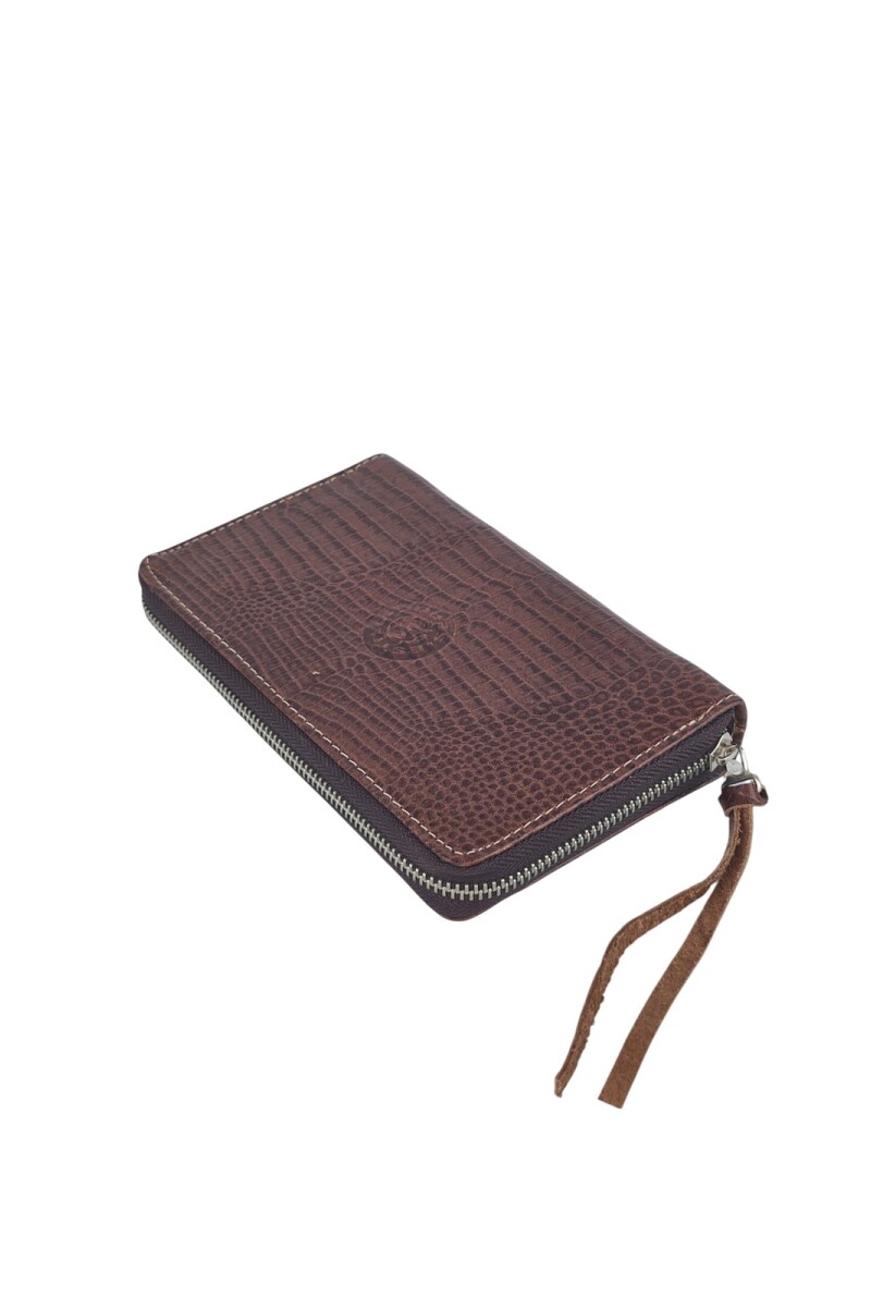 Monedero de Cuero Genuino de Gran Capacidad con Cierre Perimetral Marrón