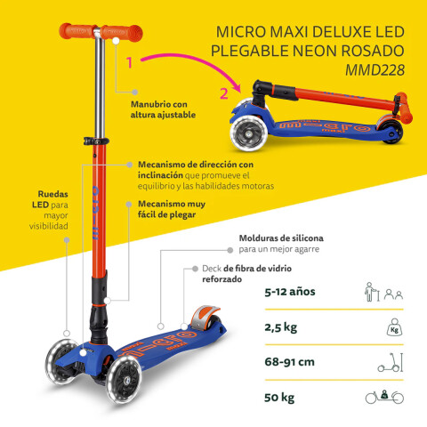 Monopatín Micro Maxi Plegable Neón LED Ajustable con 3 Ruedas NARANJA