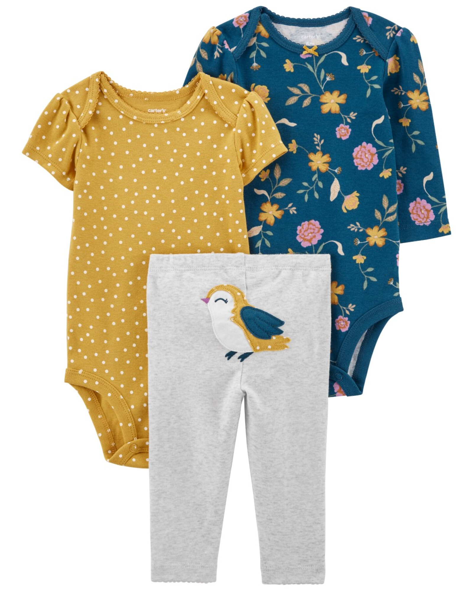 Set tres piezas pantalón y dos bodies de algodón diferentes estampados 0
