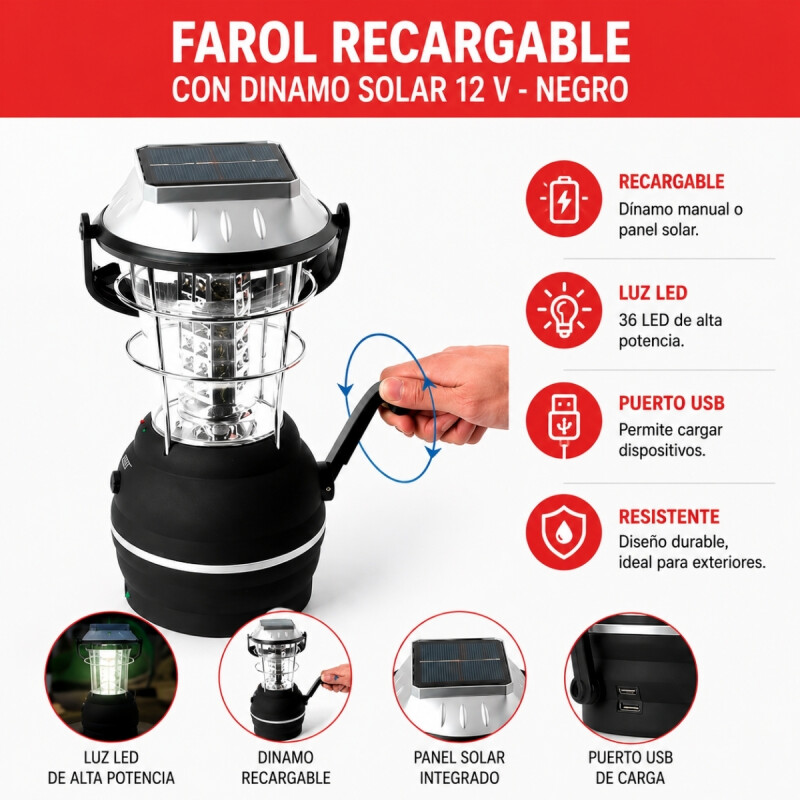 Farol recargable con dinamo solar 12 V NEGRO