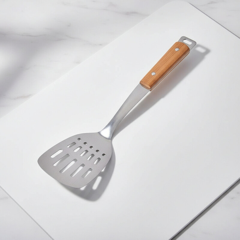 Espátula ranurada con mango Acacia 35.5x8.1 cm PLATEADO