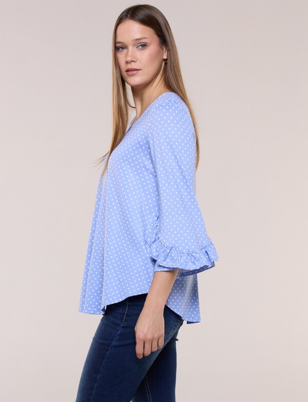 Blusa Lunares Manga 3/4 Con Volados CELESTE/MULTI