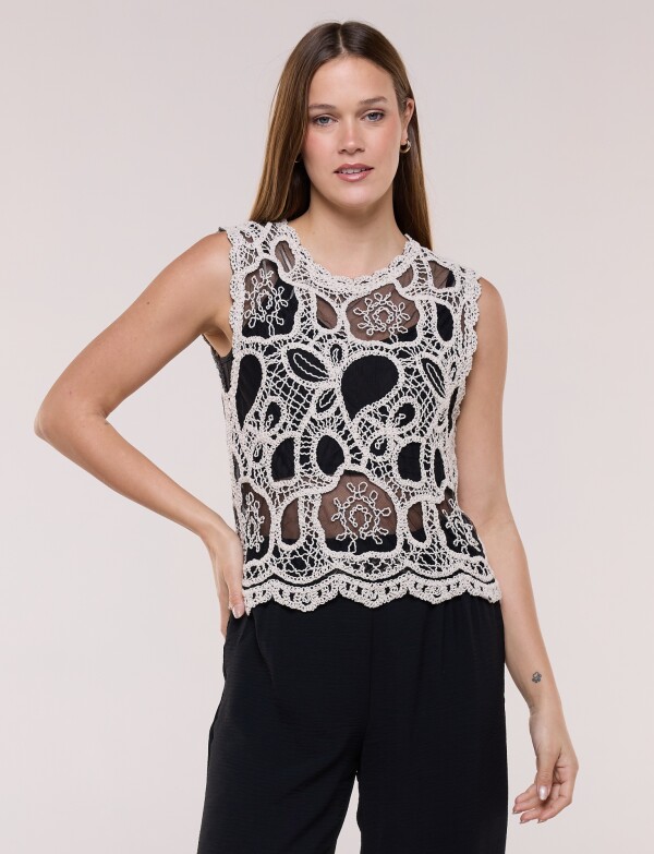 Blusa Musculosa Crochet Calada NEGRO/BEIGE