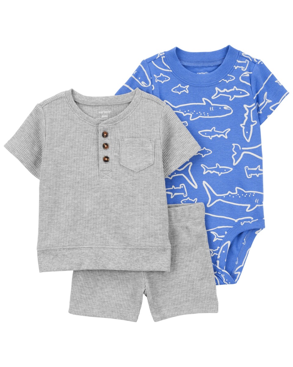 Set tres piezas, short y remera de algodón térmico más body de algodón 